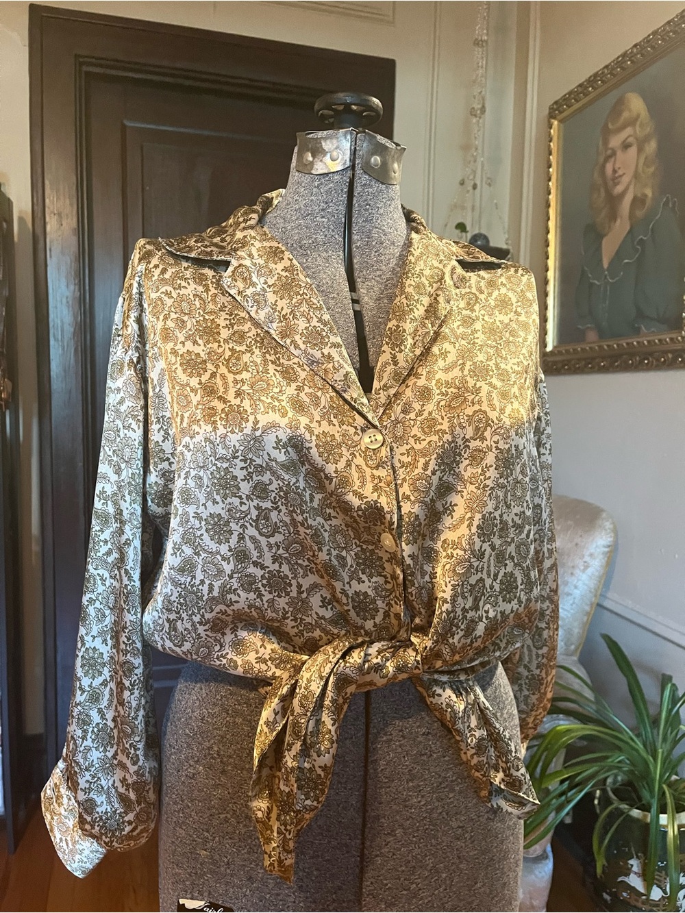 Topshop Olive Brocade Button-Down Tie Front Blouse